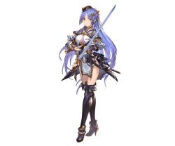 Rule 34 | 10s, 1girl, black gloves, black panties, blue eyes, blue hair, blunt bangs, boots, breasts, cleavage, clothing cutout, fingerless gloves, full body, gloves, granblue fantasy, hair ornament, hat, high heel boots, high heels, holding, holding sword, holding weapon, large breasts, long hair, looking at viewer, mina (shingeki no bahamut), minaba hideo, official art, panties, pelvic curtain, ponytail, pouch, rapier, sheath, shingeki no bahamut, solo, sword, thigh boots, thighhighs, thighs, transparent background, underboob cutout, underwear, vambraces, very long hair, weapon