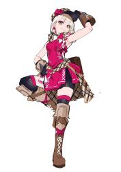 Rule 34 | 1girl, armpits, blonde hair, boots, braid, breasts, brown scarf, cross-laced footwear, fire emblem, fire emblem engage, flannel, framme (fire emblem), knee guards, lace-up boots, martial arts, medium breasts, multicolored hair, nintendo, pink hair, plaid headwear, scarf, single braid, solo, thighhighs, two-tone hair, wrist guards