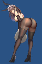 Rule 34 | 1girl, animal ears, ass, bad id, bad pixiv id, bare shoulders, bent over, black leotard, blue background, breasts, brown hair, cleavage, detached collar, fake animal ears, from behind, full body, gongba laoge, high heels, highres, hip focus, huge ass, large breasts, legs, leotard, long hair, looking at viewer, original, pantyhose, playboy bunny, pumps, rabbit ears, rabbit tail, simple background, skindentation, solo, strapless, strapless leotard, tail, thick thighs, thighhighs, thighhighs over pantyhose, thighs, tray, wide hips, wrist cuffs, yellow eyes