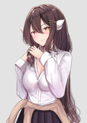 Rule 34 | 1girl, alternate costume, alternate hairstyle, azur lane, blush, breasts, brown hair, casual, cleavage, clothes around waist, collared shirt, commentary request, cowboy shot, curled horns, grey background, hair between eyes, horns, light smile, long hair, long sleeves, looking at viewer, mikasa (azur lane), nanairogaoka middle school uniform, pleated skirt, school uniform, schreibe shura, shirt, simple background, skirt, solo, sweater, sweater around waist, very long hair, wavy hair, white shirt