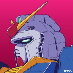 Rule 34 | absurdres, close-up, commentary, english commentary, green eyes, gundam, highres, looking ahead, mecha, mecha focus, mobile suit, mobile suit gundam, no humans, pink background, portrait, profile, robot, rx-78-2, science fiction, simple background, solo, translation request, v-fin, voxiela