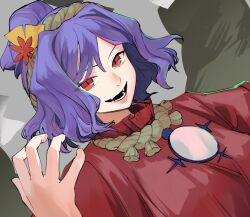Rule 34 | 1girl, blush, breasts, commentary request, fangs, grey background, hair ornament, hand up, highres, kijima (amayadori-tei), large breasts, leaf, leaf hair ornament, long sleeves, looking at viewer, medium hair, mirror, nose blush, purple hair, red eyes, red shirt, rope, shimenawa, shirt, short hair, simple background, slit pupils, touhou, upper body, wavy hair, yasaka kanako