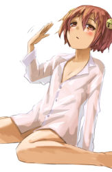 Rule 34 | 1girl, bad id, bad pixiv id, bell, blush, bottomless, dress shirt, fanning, female focus, flat chest, hair bell, hair ornament, kurione (zassou), long sleeves, looking at viewer, motoori kosuzu, naked shirt, no pants, open mouth, red eyes, red hair, shirt, short hair, sitting, solo, touhou, twintails, two side up, wariza