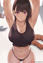 1girl armpits arms_up black_panties black_shirt breasts brown_hair cleavage en&#039;en_no_shouboutai highres large_breasts long_hair looking_at_viewer maki_oze midriff panties parted_lips pink_eyes shexyo shirt skindentation solo thigh_gap thighs toned underwear wide_hips