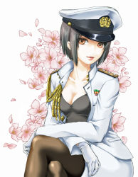 Rule 34 | 10s, 1girl, black hair, bob cut, breasts, brown eyes, cleavage, collarbone, crossed arms, crossed legs, epaulettes, female admiral (kancolle), flower, gloves, hat, head tilt, jacket, kantai collection, light smile, lips, lipstick, looking at viewer, makeup, military, military uniform, open clothes, open jacket, pantyhose, peaked cap, sakutsuki, short hair, simple background, sitting, skirt, solo, uniform, white background, white gloves