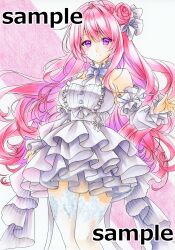 Rule 34 | 1girl, absurdres, blush, braid, breasts, closed mouth, detached sleeves, dorothy (nikke), dress, frilled dress, frills, goddess of victory: nikke, hair bun, highres, large breasts, long hair, looking at viewer, marker (medium), pink hair, purple eyes, sample watermark, smile, solo, thighhighs, traditional media, watermark, white dress, yatarouten