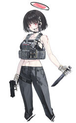 Rule 34 | 1girl, absurdres, alternate hair length, alternate hairstyle, ammunition pouch, bare shoulders, black choker, black hair, black pants, blood, blood on face, blue archive, blunt bangs, blush, body armor, brown gloves, choker, collarbone, crop top, cropped legs, earpiece, echj, gloves, gun, h&amp;k mark 23, hair ornament, hairclip, halo, handgun, highres, holding, holding gun, holding knife, holding weapon, knife, looking at viewer, magazine (weapon), midriff, navel, pants, bulletproof vest, pouch, red eyes, rio (blue archive), shadow, short hair, simple background, smile, solo, tactical clothes, trigger discipline, walkie-talkie, weapon, white background