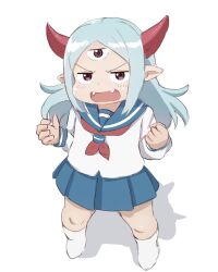 Rule 34 | 1boy, absurdres, akatsuki no guuru, blue hair, blue sailor collar, blue skirt, blush, child, commentary request, crossdressing, extra eyes, fangs, full body, highres, horns, jitome, kneehighs, long hair, long sleeves, looking at viewer, lv1 maou to one room yuusha, maou (lv1 maou to one room yuusha), neckerchief, open mouth, pleated skirt, pointy ears, red horns, sailor collar, school uniform, shadow, simple background, skirt, socks, solo, standing, trap, v-shaped eyebrows, white background
