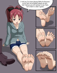 Rule 34 | 1girl, absurdres, barefoot, boots, unworn boots, commission, english text, fang, feet, foot focus, highres, mahou shoujo madoka magica, mahou shoujo madoka magica (anime), multiple views, no-pornography, red hair, sakura kyoko, shoes, unworn shoes, sitting, soles, spread toes, toe scrunch, toes