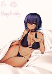 Rule 34 | 1girl, absurdres, arm support, bed sheet, bikini, black bikini, black choker, blush, breasts, choker, cleavage, closed mouth, collarbone, dark-skinned female, dark skin, halterneck, hand on own chest, highres, large breasts, looking at viewer, lying, medium hair, navel, on bed, on side, original, purple hair, shiro kanae, solo, stomach, swimsuit, tan, thighs, white background, yellow eyes