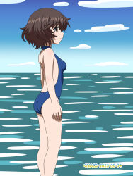 Rule 34 | 1girl, akiyama yukari, ass, blue one-piece swimsuit, blush, breasts, brown eyes, brown hair, closed mouth, dated, girls und panzer, highres, in water, naotosi, ocean, one-piece swimsuit, short hair, signature, sky, small breasts, smile, solo, swimsuit
