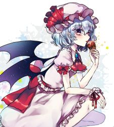 Rule 34 | 1girl, ascot, bat wings, blue hair, bow, brooch, food, from side, ginzuki ringo, hat, hat bow, ice cream, jewelry, licking, mob cap, pointy ears, puffy sleeves, red eyes, remilia scarlet, solo, squatting, touhou, wings, wrist cuffs