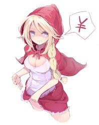 Rule 34 | 1girl, apron, blonde hair, blue eyes, braid, breasts, cape, cleavage, cleavage cutout, clothes lift, clothing cutout, cropped legs, dress, grin, hood, kojiki-life, little red riding hood, little red riding hood (grimm), long hair, prostitution, red cape, red dress, simple background, skirt, skirt lift, smile, solo, speech bubble, white background, yen sign