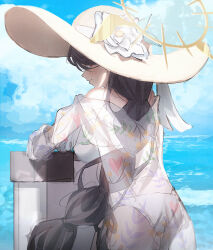 Rule 34 | 1girl, black hair, blue archive, blush, braid, breasts, closed mouth, cowboy shot, day, halo, hat, hinata (blue archive), hinata (swimsuit) (blue archive), jacket, kangshi, large breasts, long hair, long sleeves, ocean, official alternate costume, one-piece swimsuit, outdoors, red eyes, see-through, see-through jacket, single braid, solo, straw hat, swimsuit, white one-piece swimsuit, yellow halo