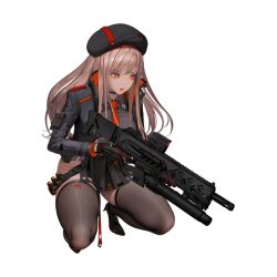 Rule 34 | 1girl, absurdres, ass, back, backlighting, black gloves, black jacket, brown hair, clothing cutout, expressions, full body, gloves, goddess of victory: nikke, gun, gun sling, hat, highres, holding, holding weapon, jacket, kim hyung tae, leotard, leotard under clothes, official art, rapi (nikke), shiny skin, simple background, solo, squatting, thigh cutout, thighhighs, transparent background, uniform, weapon