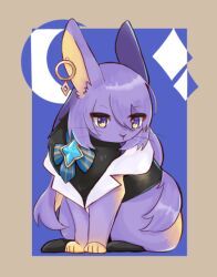Rule 34 | animal, animal ear piercing, animalization, black vest, border, bow, closed mouth, clothed animal, crescent, earrings, grey border, hololive, hololive indonesia, jewelry, komi (smcg7337), looking to the side, moona hoshinova, moona hoshinova (1st costume), no humans, nostrils, purple eyes, purple hair, rabbit, sitting, solo, striped bow, vest, virtual youtuber, whiskers