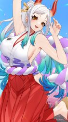 Rule 34 | 1girl, absurdres, arm up, blue hair, blush, breasts, earrings, gradient hair, green hair, highres, hoop earrings, horns, jewelry, large breasts, looking at viewer, multicolored hair, nemuaki, one piece, open mouth, ponytail, red eyes, sideboob, smile, solo, teeth, upper teeth only, white hair, yamato (one piece)