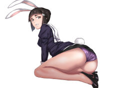 Rule 34 | 10s, 1girl, animal ears, ass, black hair, eyebrows, hamushima, high heels, kantai collection, legs, looking at viewer, myoukou (kancolle), no legwear, no socks, rabbit ears, rabbit tail, short hair, simple background, solo, tail, thighs, white background
