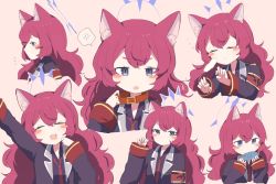 Rule 34 | 1girl, animal ear fluff, animal ears, blue archive, cat ears, closed eyes, collar, fish, grey eyes, highres, iroha (blue archive), long hair, long sleeves, looking at viewer, multiple views, open mouth, red hair, simple background, upper body, white background, wotakana s