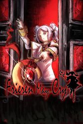 Rule 34 | aiming, aiming at viewer, arm up, box art, capelet, commentary, devil may cry (series), door, english commentary, expressionless, fake box art, frieren, highres, holding, holding staff, long sleeves, looking at viewer, mage staff, ononotsu, open door, outstretched arm, parody, pointy ears, red theme, shirt, sleeve cuffs, solo, sousou no frieren, staff, striped clothes, striped shirt, twintails, upper body, white capelet, white hair