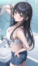 Rule 34 | 1girl, absurdres, ass, bare shoulders, black hair, blue shorts, blush, breasts, cleavage, crop top, earrings, faucet, hair ornament, hairclip, highres, jewelry, large breasts, long hair, looking at viewer, myowa, original, short shorts, shorts, sink, solo, stud earrings, toothbrush in mouth, very long hair