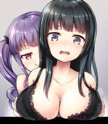 Rule 34 | 10s, 2girls, bang dream!, bare shoulders, black bra, black hair, blush, bra, grabbing another&#039;s breast, breasts, cleavage, closed mouth, fourth wall, getsuyou yasumi, grabbing, grey background, groping, highres, large breasts, long hair, looking at viewer, motion lines, multiple girls, open mouth, purple eyes, purple hair, red eyes, shirokane rinko, simple background, smile, twintails, udagawa ako, underwear, upper body, wavy mouth, yuri