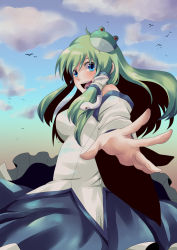 Rule 34 | 1girl, absurdres, bare shoulders, blue eyes, boooo-im, breasts, detached sleeves, female focus, frog, green hair, hair ornament, highres, kochiya sanae, long hair, open mouth, outdoors, outstretched arm, sky, snake, solo, touhou
