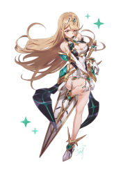 Rule 34 | 1girl, armor, bare shoulders, blonde hair, blush, breasts, cleavage, dress, gloves, hair ornament, highres, large breasts, long hair, looking at viewer, mythra (xenoblade), nintendo, sleeveless, solo, sword, tugo, weapon, xenoblade chronicles (series), xenoblade chronicles 2, xenoblade chronicles (series), xenoblade chronicles 2, yellow eyes