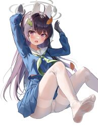 Rule 34 | 1girl, absurdres, alpha beast, animal ears, arms up, black gloves, black hair, blue archive, blue serafuku, blue skirt, blush, bright pupils, commentary, fake animal ears, feet, foot out of frame, furrowed brow, gloves, green neckerchief, grey halo, halo, heart, heart print, highres, knees up, leaf, leaf on head, legs, long hair, long sleeves, looking at viewer, miyu (blue archive), neckerchief, no shoes, open mouth, panties, panties under pantyhose, pantyhose, pantyshot, pleated skirt, purple eyes, rabbit ears, rabbit pose, sailor collar, school uniform, serafuku, simple background, skirt, soles, solo, teeth, thighband pantyhose, toes, underwear, upper teeth only, very long hair, white background, white pantyhose, white pupils, white sailor collar