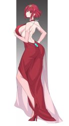 Rule 34 | 1girl, ass, backless outfit, breasts, bridal gauntlets, cero rains, commission, dress, ear piercing, earrings, full body, hair ornament, high heels, highres, jewelry, large breasts, long legs, looking at viewer, looking back, piercing, pyra (xenoblade), red dress, red eyes, red hair, short hair, sideboob, solo, xenoblade chronicles (series), xenoblade chronicles 2