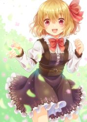 Rule 34 | 1girl, :d, black dress, blonde hair, bow, bowtie, bustier, collared shirt, cowboy shot, dress, flower, green background, hair between eyes, hair bow, highres, layered dress, long sleeves, looking at viewer, open mouth, petals, pinafore dress, pink flower, red bow, red bowtie, red eyes, rumia, sakuyabm, shirt, short dress, short hair, sleeveless dress, smile, solo, standing, touhou, white background, white shirt