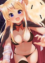 Rule 34 | 1girl, :d, animal ear fluff, animal ears, bandaged arm, bandaged leg, bandages, bat (animal), bikini, black bikini, black cape, black thighhighs, blonde hair, blue eyes, blush, bow, bowtie, breasts, cape, cat ears, claw pose, cleavage, collarbone, commentary request, cowboy shot, fang, full moon, hair bun, hair ornament, hairclip, halloween, highres, kin-iro mosaic, kujou karen, large breasts, long hair, looking at viewer, minato ojitan, moon, multicolored cape, multicolored clothes, navel, night, o-ring, o-ring bottom, o-ring top, open mouth, outdoors, purple eyes, red bow, single hair bun, smile, solo, stomach, swimsuit, thighhighs, x hair ornament