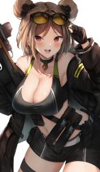 Rule 34 | 1girl, black choker, black gloves, black shirt, black shorts, blush, breasts, brown hair, bullpup, choker, commission, cowboy shot, double bun, eyewear on head, girls&#039; frontline, gloves, gun, hair bun, hana hebi, highres, holding, holding gun, holding weapon, large breasts, long hair, looking at viewer, midriff, open mouth, p90, p90 (girls&#039; frontline), partially fingerless gloves, pendant choker, personal defense weapon, red eyes, shirt, shorts, simple background, skeb commission, solo, submachine gun, sunglasses, tank top, teeth, thigh strap, thighs, upper teeth only, weapon, white background