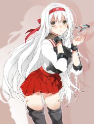 Rule 34 | 10s, 1girl, aircraft, airplane, blush, brown eyes, chestnut mouth, gloves, hair ribbon, hairband, hand on own shoulder, kantai collection, long hair, muneate, partially fingerless gloves, partly fingerless gloves, red ribbon, ribbon, shoukaku (kancolle), silver hair, single glove, sino (sionori), skirt, solo, thighhighs, very long hair, yugake