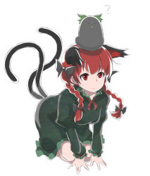 Rule 34 | 1girl, ?, \||/, all fours, animal, animal ears, animal on head, bird, bird on head, bow, braid, cat ears, cat tail, closed mouth, dress, green dress, hair bow, kaenbyou rin, light smile, long sleeves, looking ahead, multiple tails, nekomata, on head, red eyes, red hair, reiuji utsuho, reiuji utsuho (bird), simple background, solo, tail, touhou, twin braids, two tails, white background, yagi (sinnsyou)
