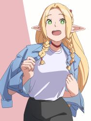 Rule 34 | 1girl, absurdres, alternate costume, black pants, blonde hair, blue jacket, braided sidelock, choker, contemporary, daidaiyaoyao, dungeon meshi, green eyes, highres, jacket, long hair, looking at viewer, marcille donato, open mouth, pants, pointy ears, red choker, shirt, solo, teeth, upper teeth only, walking towards viewer, white shirt