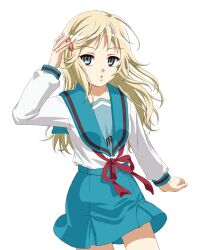 Rule 34 | 1girl, :o, ayuyu0821, belt, blonde hair, blue eyes, blue sailor collar, blue skirt, commentary request, hair ornament, hairclip, hand in own hair, highres, kita high school uniform, long hair, long sleeves, open mouth, red ribbon, ribbon, sailor collar, school uniform, serafuku, shirt, simple background, skirt, solo, standing, suzumiya haruhi no yuuutsu, t (suzumiya haruhi), white background, white shirt, winter uniform