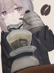 1girl black_jacket black_necktie brown_background brown_hair coffee_maker coffee_pot collared_shirt commentary girls&#039;_frontline hair_between_eyes highres jacket m200_(girls&#039;_frontline) meta0614 necktie open_clothes open_jacket parted_lips purple_eyes shirt simple_background solo upper_body white_shirt