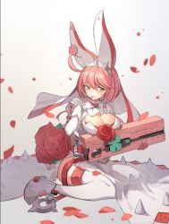 Rule 34 | 1girl, bouquet, breasts, cleavage, cleavage cutout, clothing cutout, dress, elphelt valentine, finger to mouth, fingernails over gloves, flower, gloves, guilty gear, guilty gear xrd, gun, hairband, large breasts, ms. travailler, pink hair, rose, seinen, short hair, shotgun, thighhighs, veil, weapon