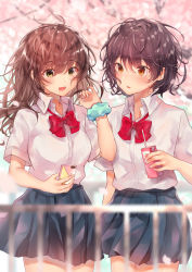 Rule 34 | 2girls, :d, absurdres, black skirt, blurry, blurry background, blurry foreground, blush, bow, brown eyes, brown hair, cellphone, cherry blossoms, collared shirt, commentary request, depth of field, dress shirt, drinking straw, flower, green scrunchie, gyozanuko, hair between eyes, highres, holding, holding phone, long hair, messy, messy hair, mole, mole on neck, mole under mouth, multiple girls, open mouth, original, parted lips, phone, pink flower, pleated skirt, polka dot, polka dot scrunchie, railing, red bow, school uniform, scrunchie, shirt, short sleeves, skirt, smile, unmoving pattern, wrist scrunchie
