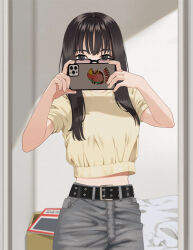 Rule 34 | 1girl, belt, belt buckle, black-framed eyewear, black belt, black hair, brown shirt, buckle, cellphone, commentary request, covered mouth, glasses, grey eyes, grey pants, hands up, holding, holding phone, indoors, long hair, looking at viewer, mattaku mousuke, midriff, mirror, mole, mole on arm, original, pants, phone, puffy short sleeves, puffy sleeves, reflection, selfie, shirt, short sleeves, solo, standing