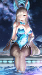 Rule 34 | 1girl, :d, absurdres, animal ears, arm at side, asuna (blue archive), asuna (bunny) (blue archive), bare shoulders, blonde hair, blue archive, blue bow, blue leotard, blue neckwear, blush, bow, bowtie, breasts, brown pantyhose, cleavage, detached collar, elbow gloves, eshineko, fake animal ears, gloves, grin, hair bow, hair over one eye, hairband, hand on own thigh, highres, large breasts, leotard, long hair, looking at viewer, mole, mole on breast, night, night sky, open mouth, pantyhose, playboy bunny, pool, poolside, rabbit ears, shiny clothes, sitting, sky, smile, soaking feet, solo, star (sky), starry sky, strapless, strapless leotard, teeth, thighband pantyhose, traditional bowtie, very long hair, water, wet, white gloves, white hairband