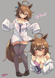 Rule 34 | 1girl, absurdres, agnes tachyon (umamusume), ahoge, animal ears, arms up, black thighhighs, blush, breasts, brown eyes, brown footwear, brown hair, camisole, cleavage, grey background, highres, horse ears, horse girl, horse tail, looking at viewer, medium breasts, multiple views, no pants, off shoulder, oversized clothes, oversized shirt, panties, panty peek, pink camisole, pink panties, shirt, shoes, short hair, simple background, sleeves past wrists, smile, tail, thighhighs, thighs, umamusume, underwear, white shirt, woruta (soloistlist)