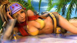 Rule 34 | 00s, 1girl, 3d, bare shoulders, blonde hair, braid, breasts, cleavage, female focus, final fantasy, final fantasy x, final fantasy x-2, head rest, legs, looking at viewer, lying, navel, outdoors, reflection, rikku (ff10), solo, water