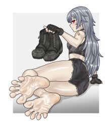 Rule 34 | 1girl, absurdres, arm support, ass, bandaid, bandaid on arm, bare legs, barefoot, black footwear, black gloves, black shirt, black shorts, boots, breasts, closed mouth, commission, feet, fingerless gloves, foot focus, footprints, foreshortening, full body, gloves, grey hair, highres, holding, holding shoes, light blush, long hair, looking at viewer, lying, on side, original, profile, red eyes, shirt, shoes, short shorts, shorts, sideboob, sleeveless, sleeveless shirt, small breasts, soles, thighs, toes, tsukimaru (ls 99ml), unworn shoes
