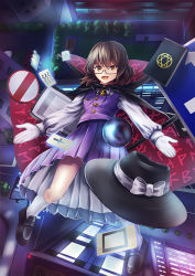 Rule 34 | 1girl, alternate eye color, bad id, bad pixiv id, bench, billboard, black footwear, book, bow, brown hair, building, cape, card, city, city lights, clipboard, fedora, flat chest, floating, from above, glasses, gloves, glowing, hat, hat bow, hexagram, lamppost, looking at viewer, occult ball, ookashippo, open hands, open mouth, orange eyes, pleated skirt, purple skirt, purple vest, quimbaya airplane, red-framed eyewear, ribbon, road, road sign, runes, semi-rimless eyewear, shirt, shoes, short hair, sign, signpost, skirt, skirt set, smile, socks, solo, star of david, street, thighs, touhou, traffic light, tree, tsurime, under-rim eyewear, usami sumireko, vest, white gloves, white shirt, white socks, zener card
