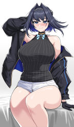 Rule 34 | 1girl, absurdres, bare shoulders, blue eyes, blue hair, bow, bow earrings, bowtie, breasts, chain, choker, earrings, eyes visible through hair, gloves, hair intakes, hella p, highres, holocouncil, hololive, hololive english, jacket, jewelry, large breasts, long sleeves, looking at viewer, ouro kronii, short hair, shorts, simple background, smile, solo, thick thighs, thighs, twitter username, virtual youtuber, watermark, white background