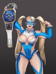 Rule 34 | 1girl, bare shoulders, blonde hair, championship belt, cleavage cutout, clothing cutout, highres, long hair, mask, rainbow mika, street fighter, treartz, twintails, wrestling outfit