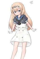 Rule 34 | 1girl, absurdres, aged down, black neckerchief, blonde hair, blue eyes, blue sailor collar, cosplay, dress, feet out of frame, gloves, hairband, highres, jervis (kancolle), jervis (kancolle) (cosplay), kantai collection, leaning forward, long hair, looking at viewer, maru (marg0613), neckerchief, one-hour drawing challenge, sailor collar, sailor dress, short sleeves, simple background, solo, victorious (kancolle), white background, white dress, white gloves
