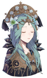 Rule 34 | 1girl, black cape, cape, closed eyes, closed mouth, commentary request, fire emblem, fire emblem: three houses, flower, green eyes, green hair, hair flower, hair ornament, hat, highres, lips, long hair, nintendo, pink lips, rhea (fire emblem), simple background, solo, white background, white flower, yachimata 1205